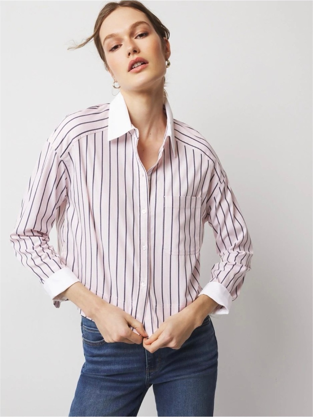 NWT White House Black Market “Pocket Poplin Shirt” boxy button-up top (size 14)